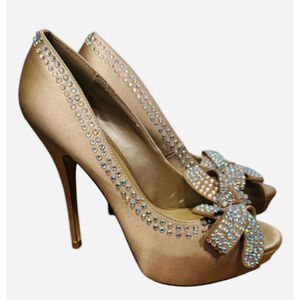 Aldo Stiletto Rhinestone Satin Bow Peep toe Sandal stiletto Party wedding 7.5
